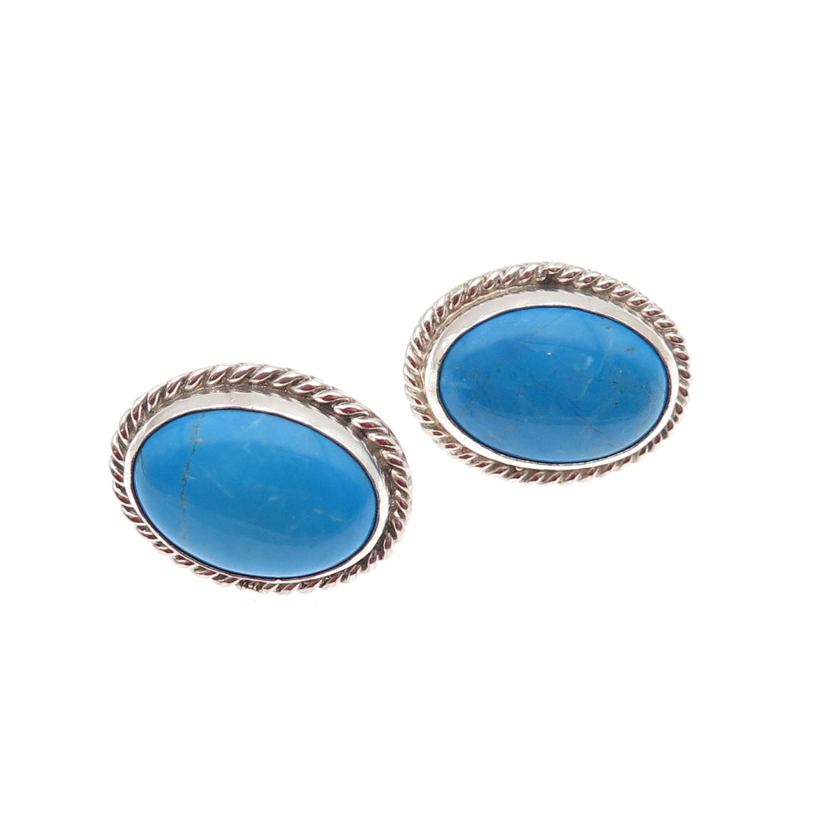 925 Sterling Silver Vintage Real Cabochon Turquoise Roped Earrings