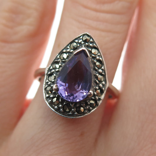 925 Sterling Silver Vintage Real Amethyst & Marcasite Oxidized Ring Size 6