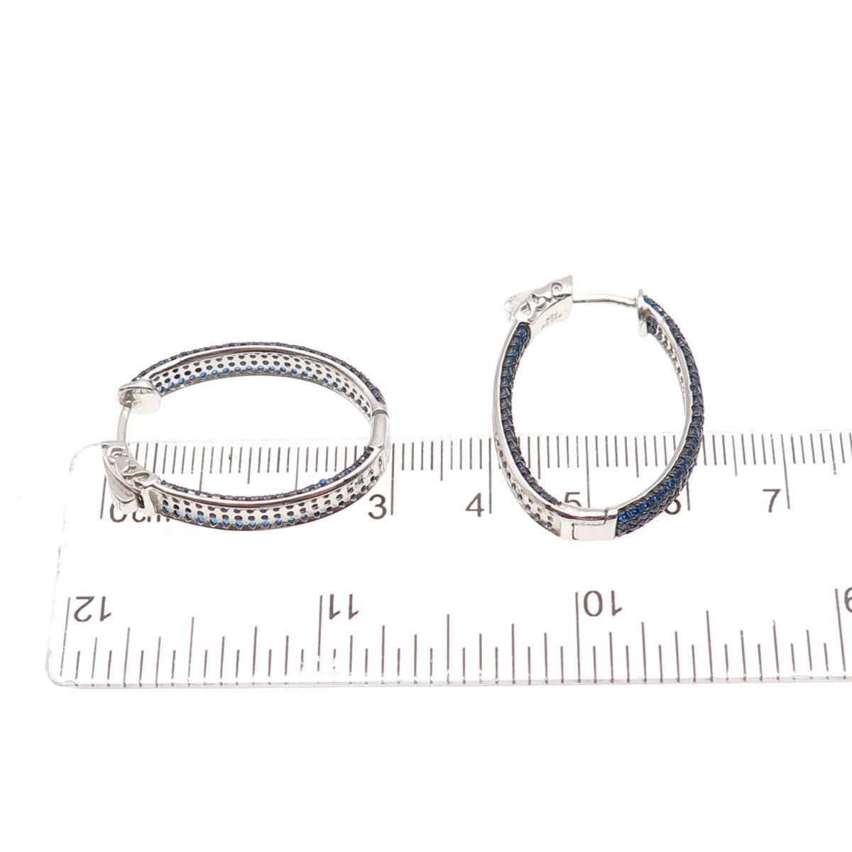 925 Sterling Silver Round-Cut Blue C Z In & Out Hoop Earrings