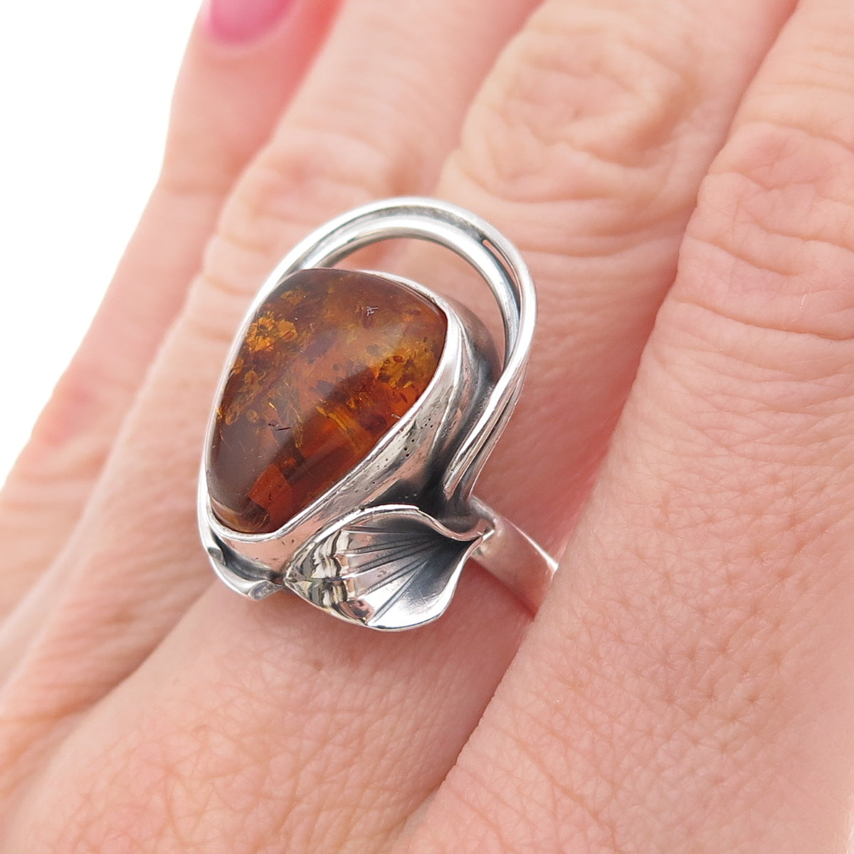 925 Sterling Silver Vintage Real Amber Modernist Calla Lily Ring Size 6.75