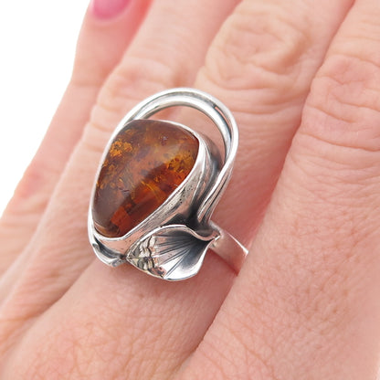 925 Sterling Silver Vintage Real Amber Modernist Calla Lily Ring Size 6.75