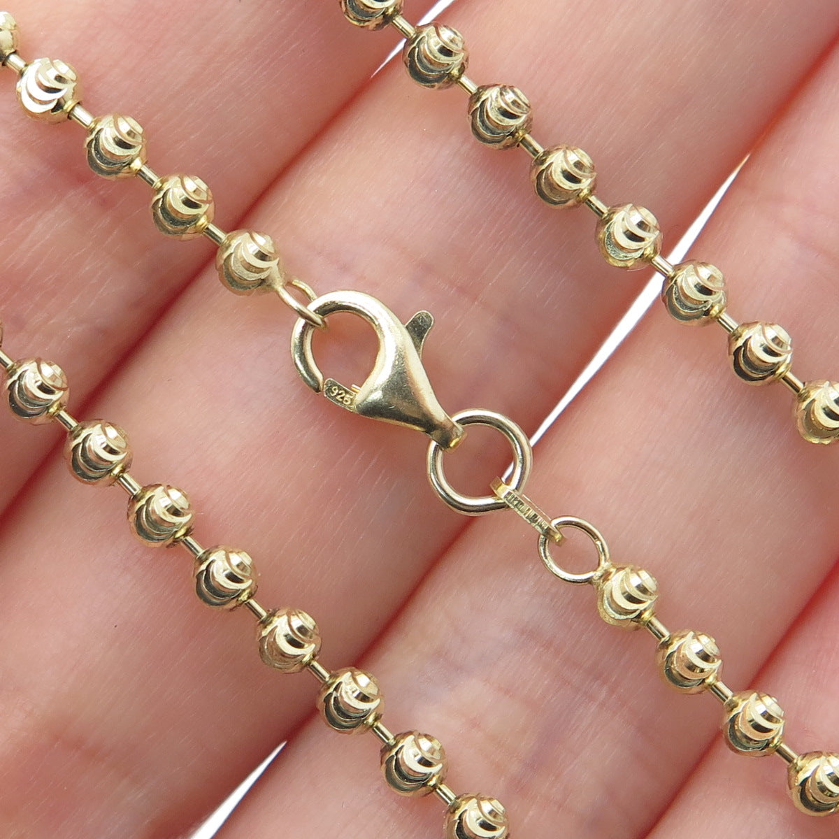 925 Sterling Silver Gold Plated Italy Diamond-Cut Ball Beaded Chain Necklace 24"