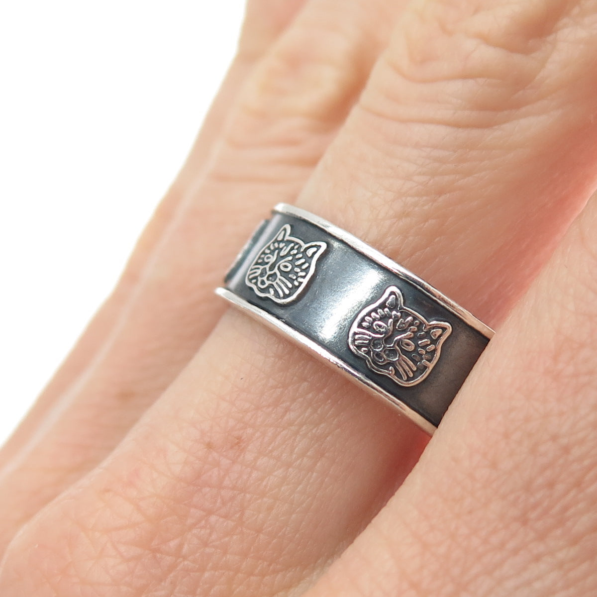 925 Sterling Silver Vintage Mexico Cat Oxidized Band Ring Size 12