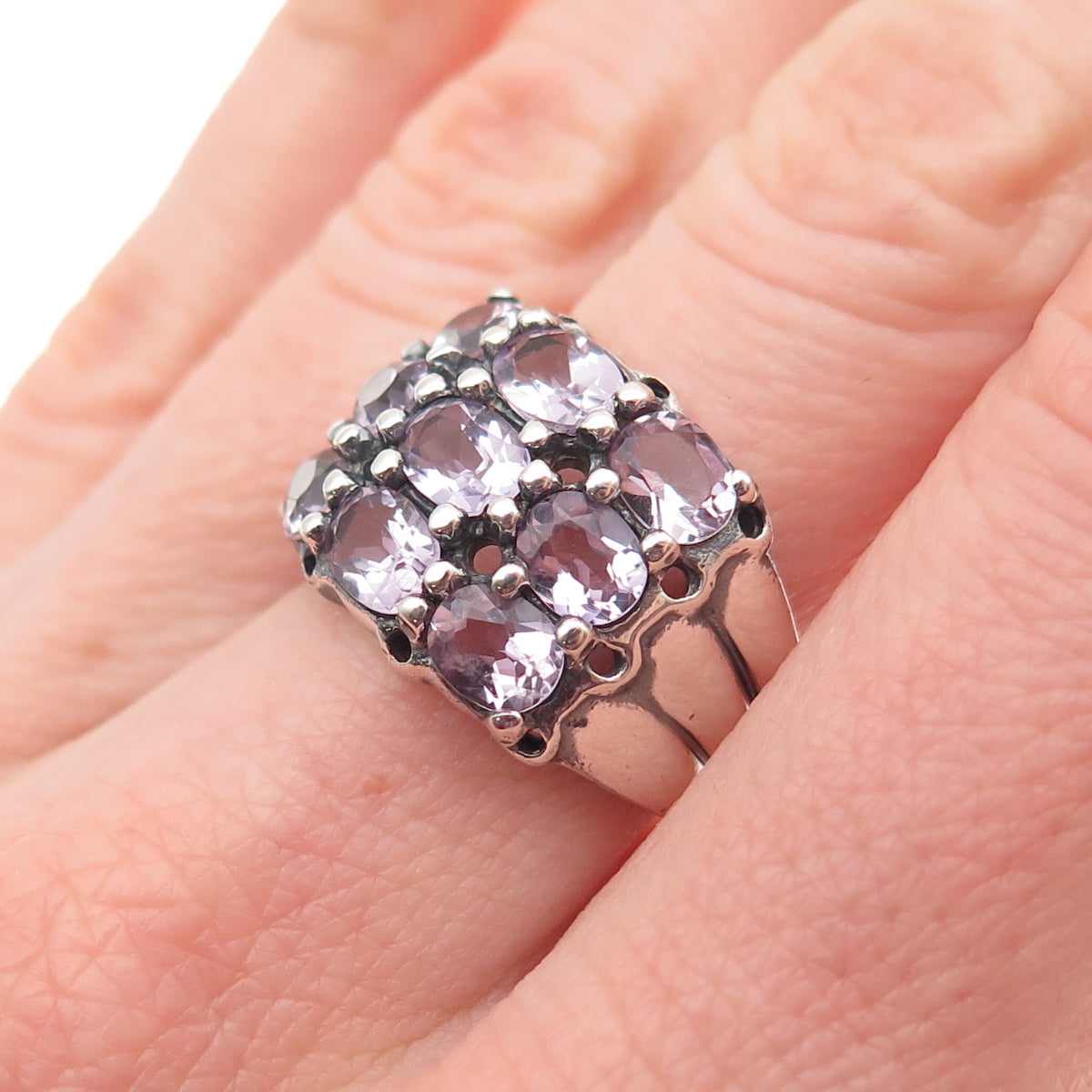 925 Sterling Silver Vintage Real Oval-Cut Amethyst Cluster Oxidized Ring Size 7