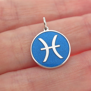 925 Sterling Silver Blue Enamel Pisces Zodiac Sign Minimalist Charm Pendant
