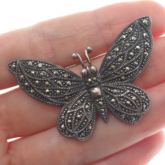 925 Sterling Silver Vintage Real Marcasite Butterfly Oxidized Pin Brooch