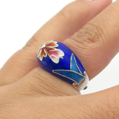 925 Sterling Silver Antique Art Deco Colorful Enamel Adjustable Ring Size 5