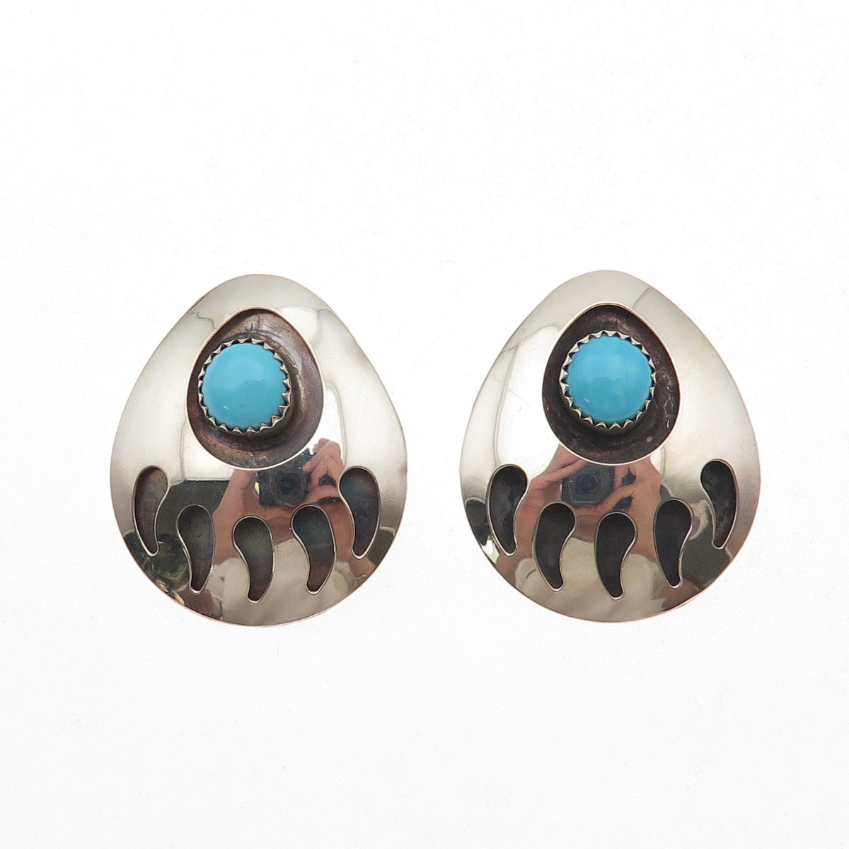 Old Pawn 925 Sterling Silver Vintage Southwestern Turquoise Bear Paw Earrings
