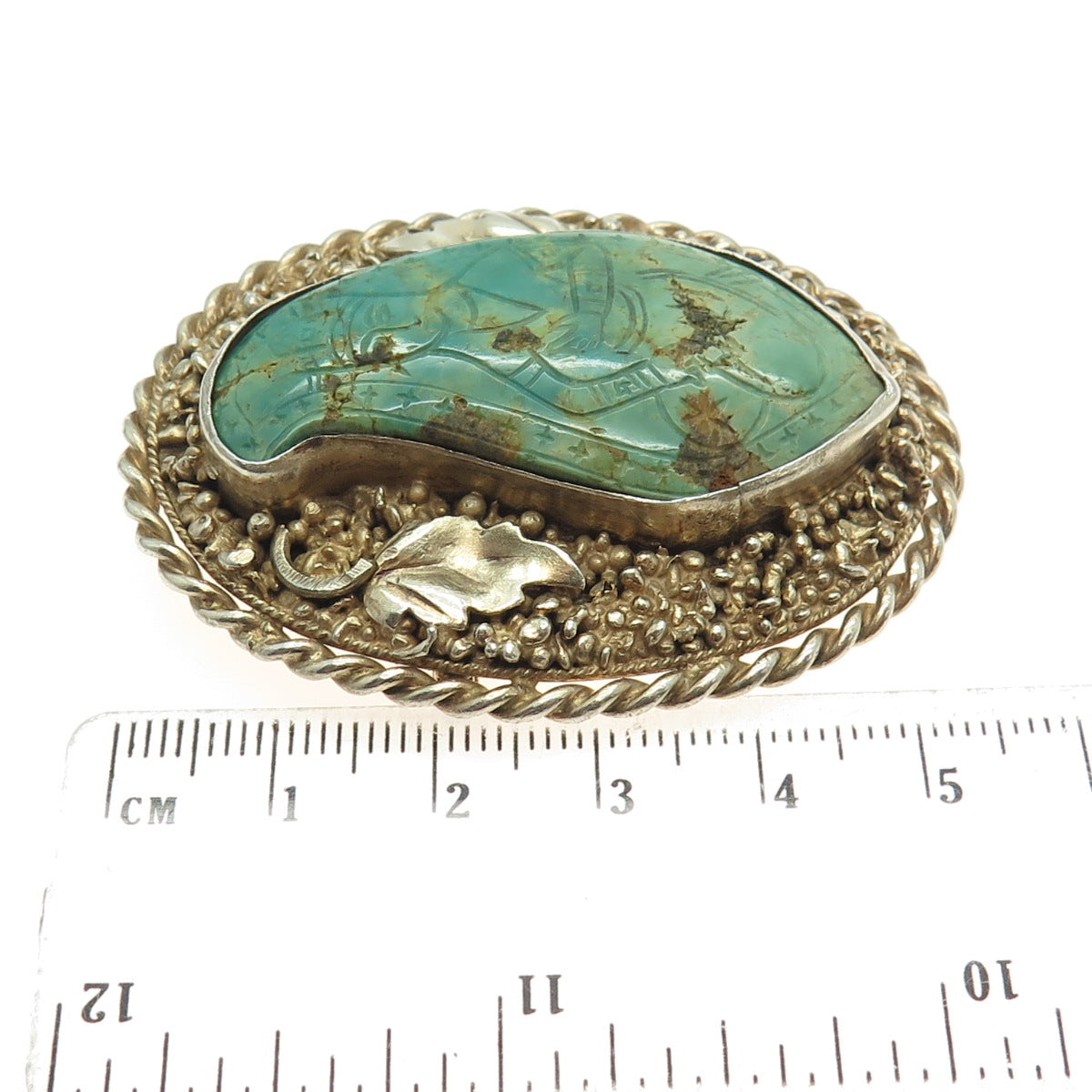 925 Sterling Silver Gold Plated Antique Carved Turquoise Lady Handmade Brooch
