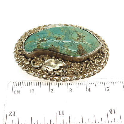 925 Sterling Silver Gold Plated Antique Carved Turquoise Lady Handmade Brooch