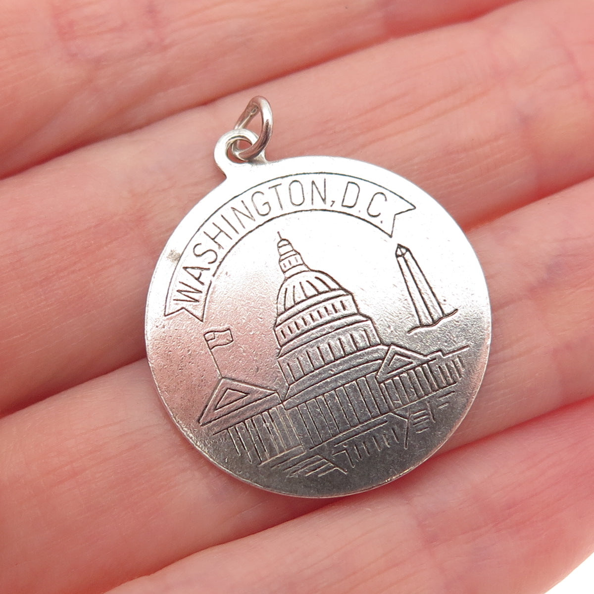 ROSECRAFT 925 Sterling Silver Vintage Washington DC Round Tag Charm Pendant