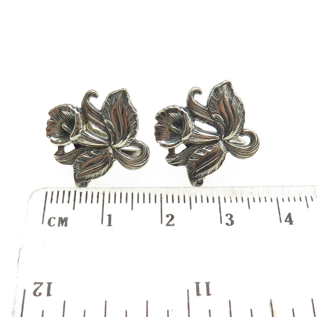 925 Sterling Silver Antique Calla Lily Floral Oxidized Screw Back Earrings