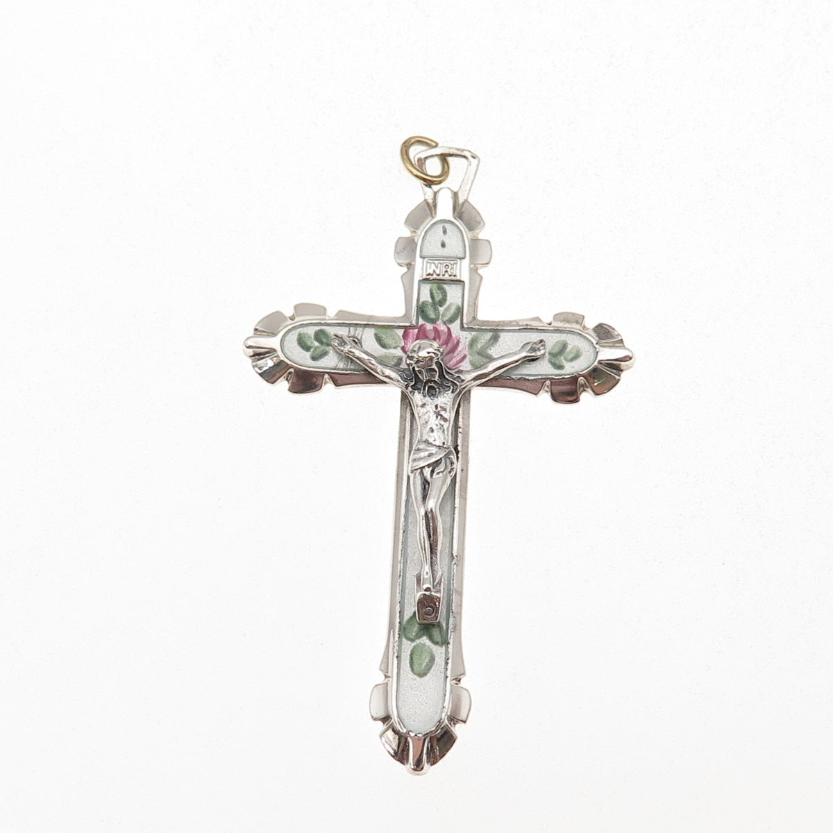 925 Sterling Silver Antique Art Deco Enamel Crucifix Cross Charm Pendant