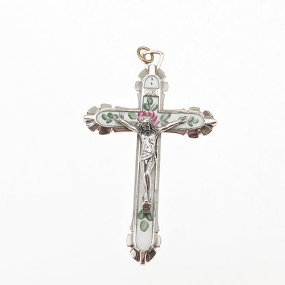 925 Sterling Silver Antique Art Deco Enamel Crucifix Cross Charm Pendant