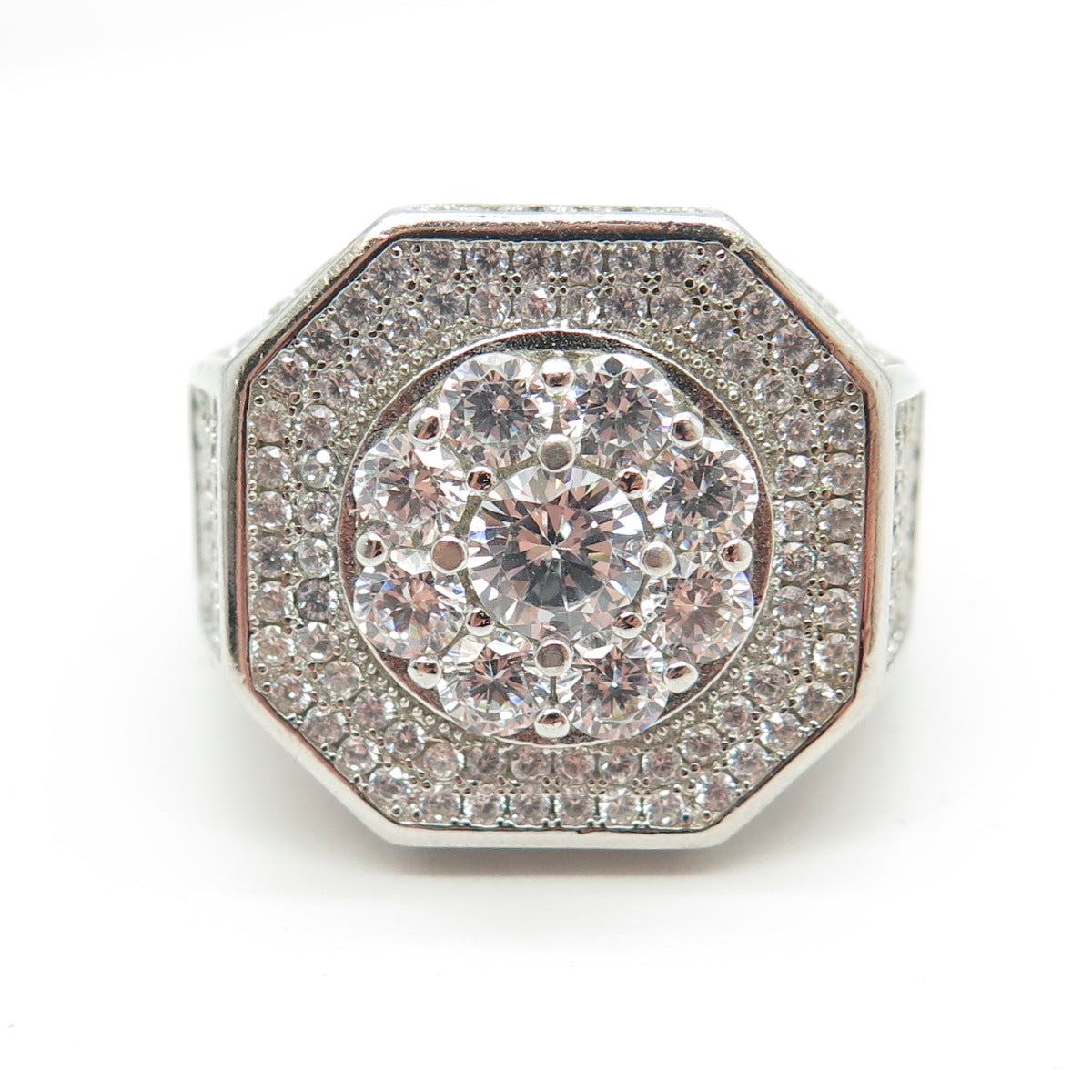 925 Sterling Silver Pave C Z Domed Ring Size 11.25