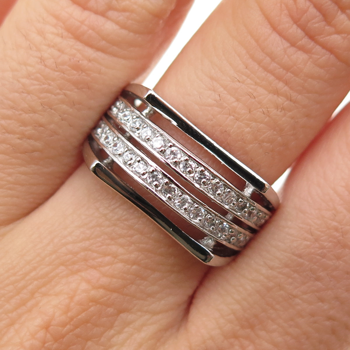 925 Sterling Silver Round-Cut C Z Multi-Row Ring Size 8