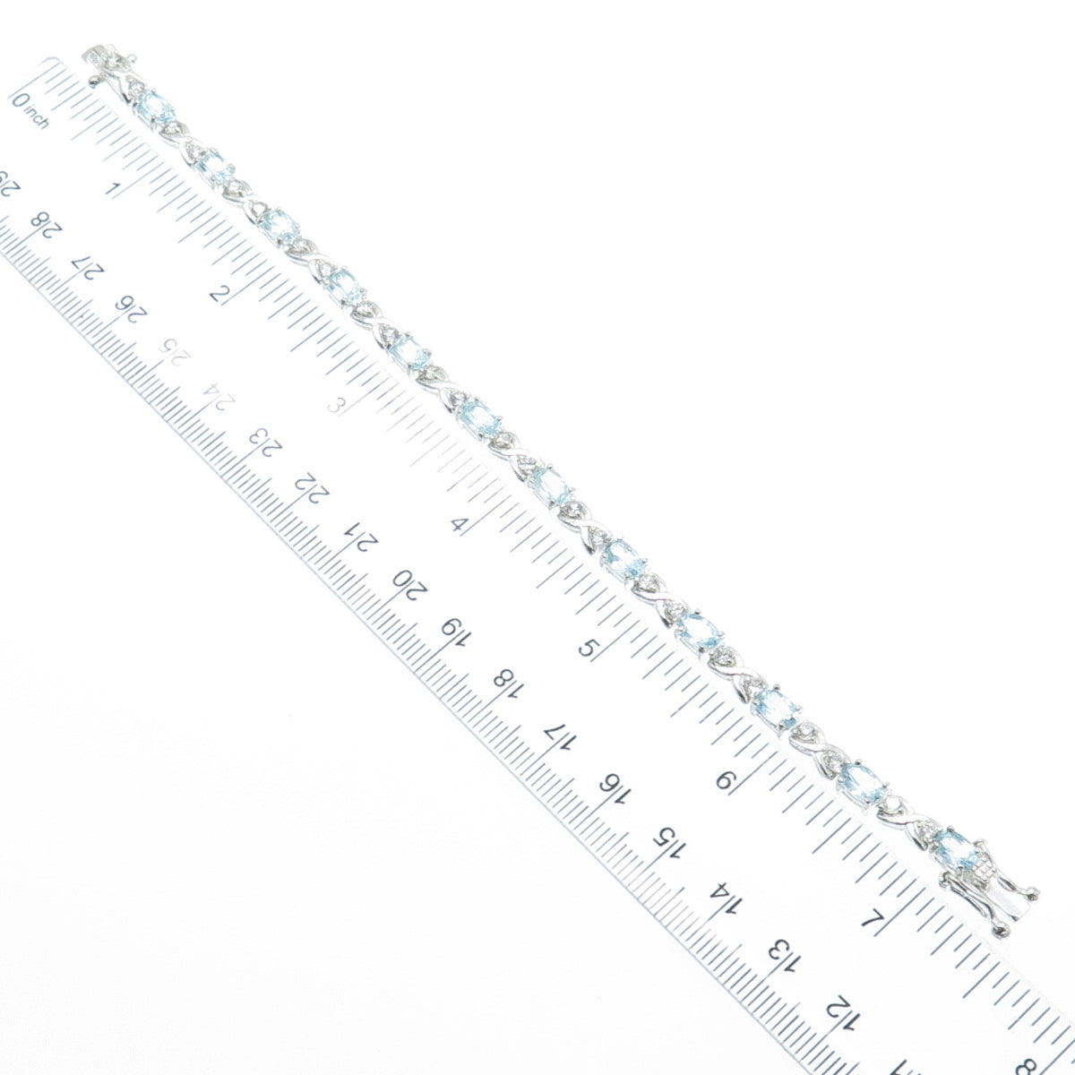 925 Sterling Silver Real Blue Topaz Gemstone & C Z XO Tennis Link Bracelet 6.75"