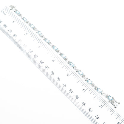 925 Sterling Silver Real Blue Topaz Gemstone & C Z XO Tennis Link Bracelet 6.75"