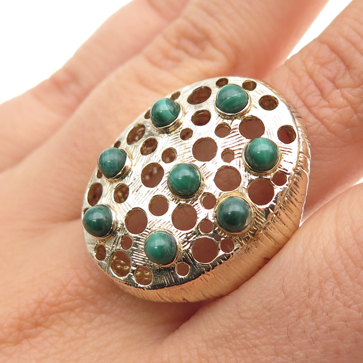 925 Sterling Silver Gold Plated Vintage Real Malachite Modernist Ring Size 10.25