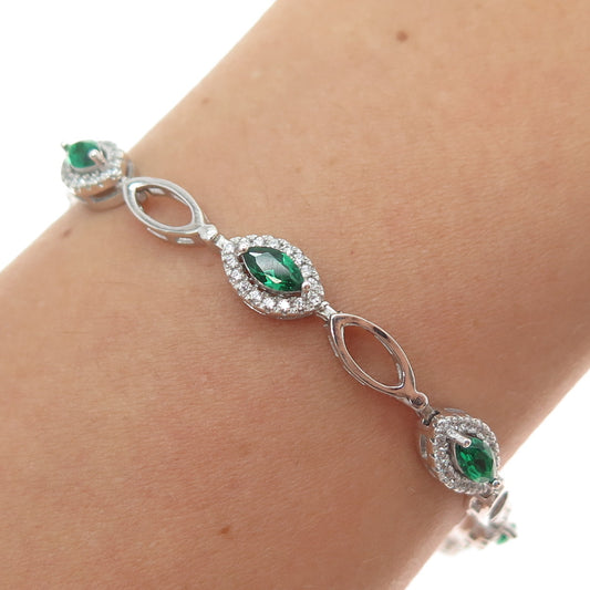 925 Sterling Real Marquise-Cut Chrome Diopside & Round-Cut C Z Bracelet 7-8"