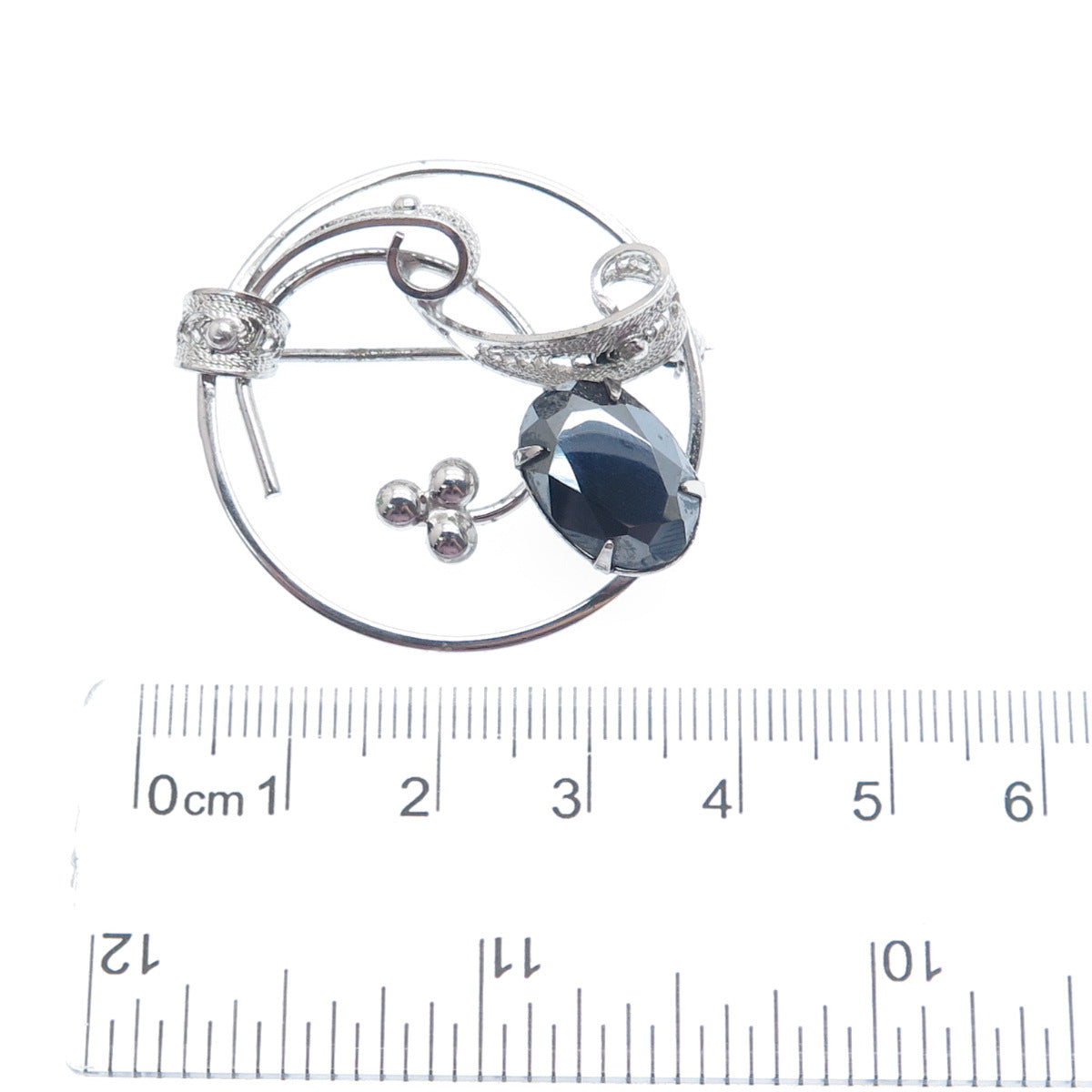 SORRENTO 925 Sterling Silver Vintage Real Hematite Gem Filigree Floral Brooch