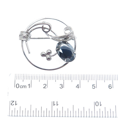 SORRENTO 925 Sterling Silver Vintage Real Hematite Gem Filigree Floral Brooch