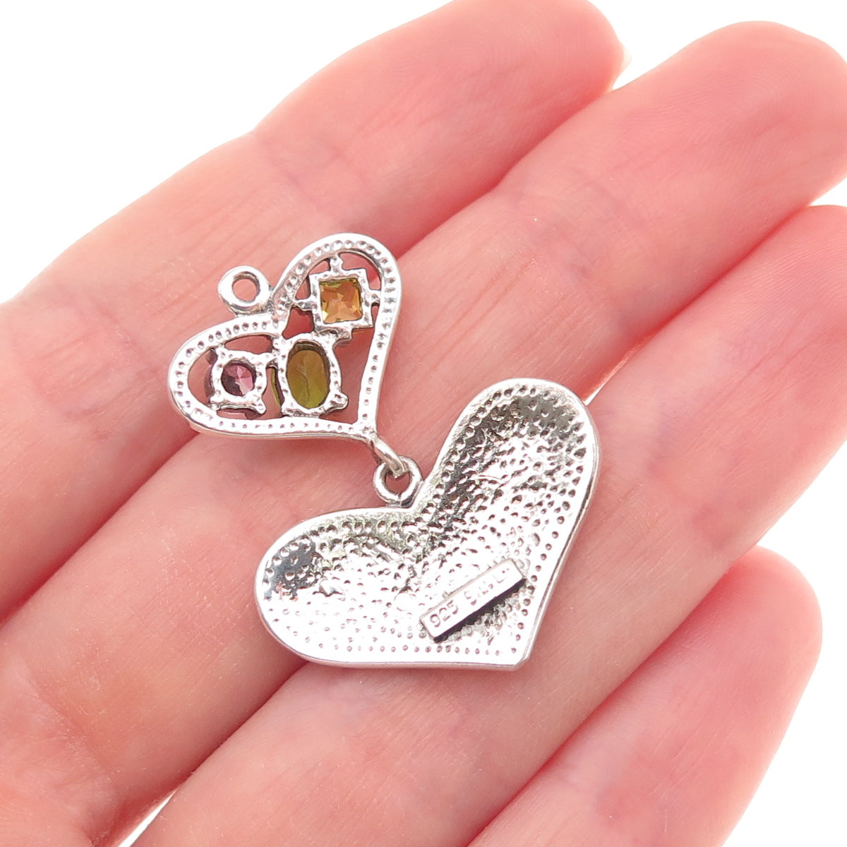 925 Sterling Silver Real MOP Peridot Citrine & Pink C Z Heart Charm Pendant