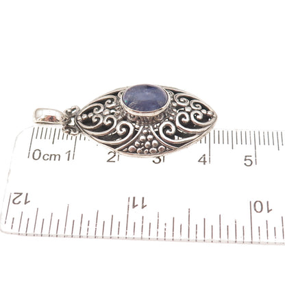 925 Sterling Silver Vintage Real Tanzanite Heart Ornate Oxidized Charm Pendant