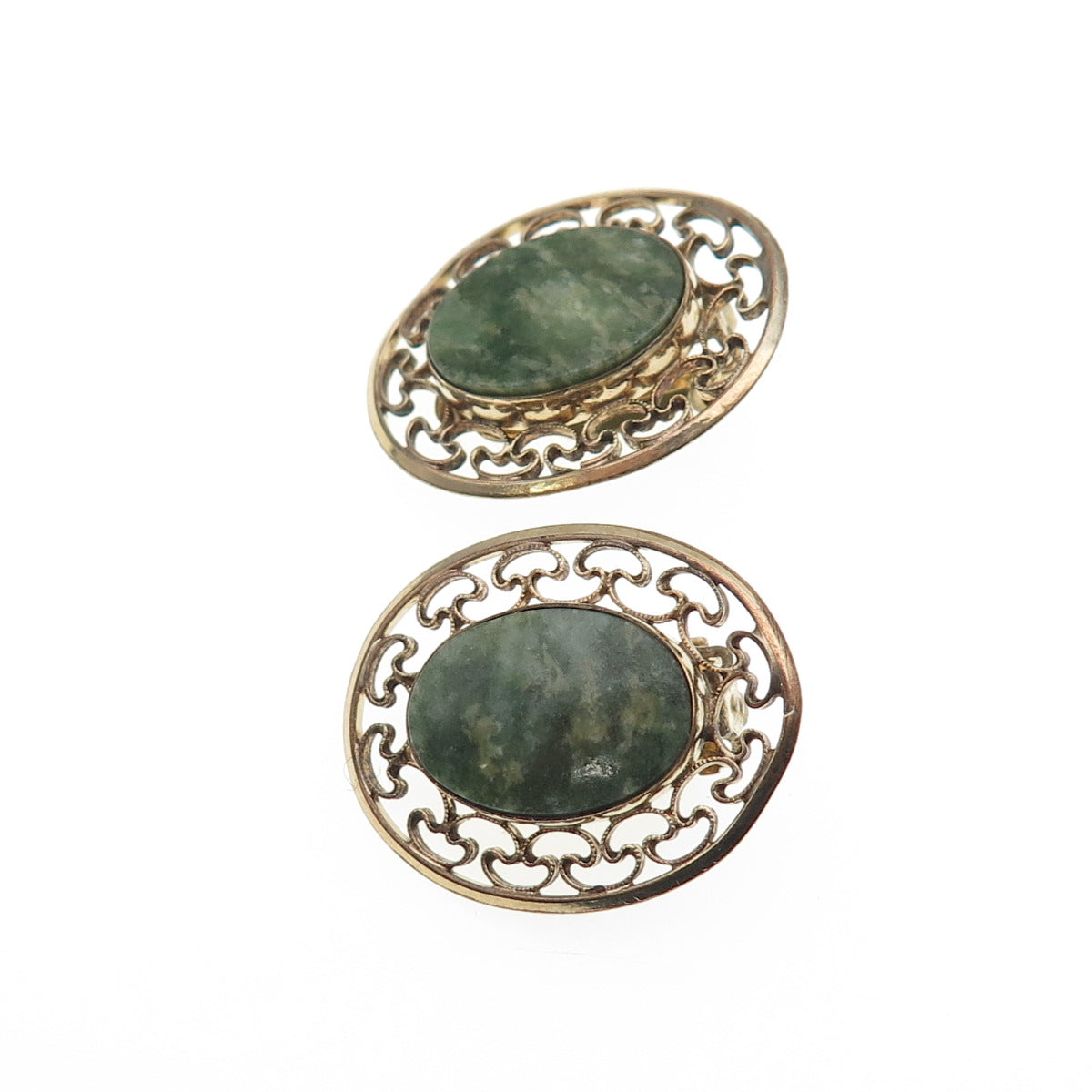 WINARD 1/20 12K Gold Filled Vintage Real Jade Filigree Clip On Earrings