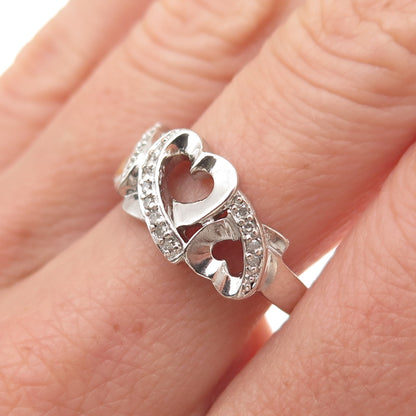 925 Sterling Silver Real Round-Cut Diamond Open Heart Ring Size 7