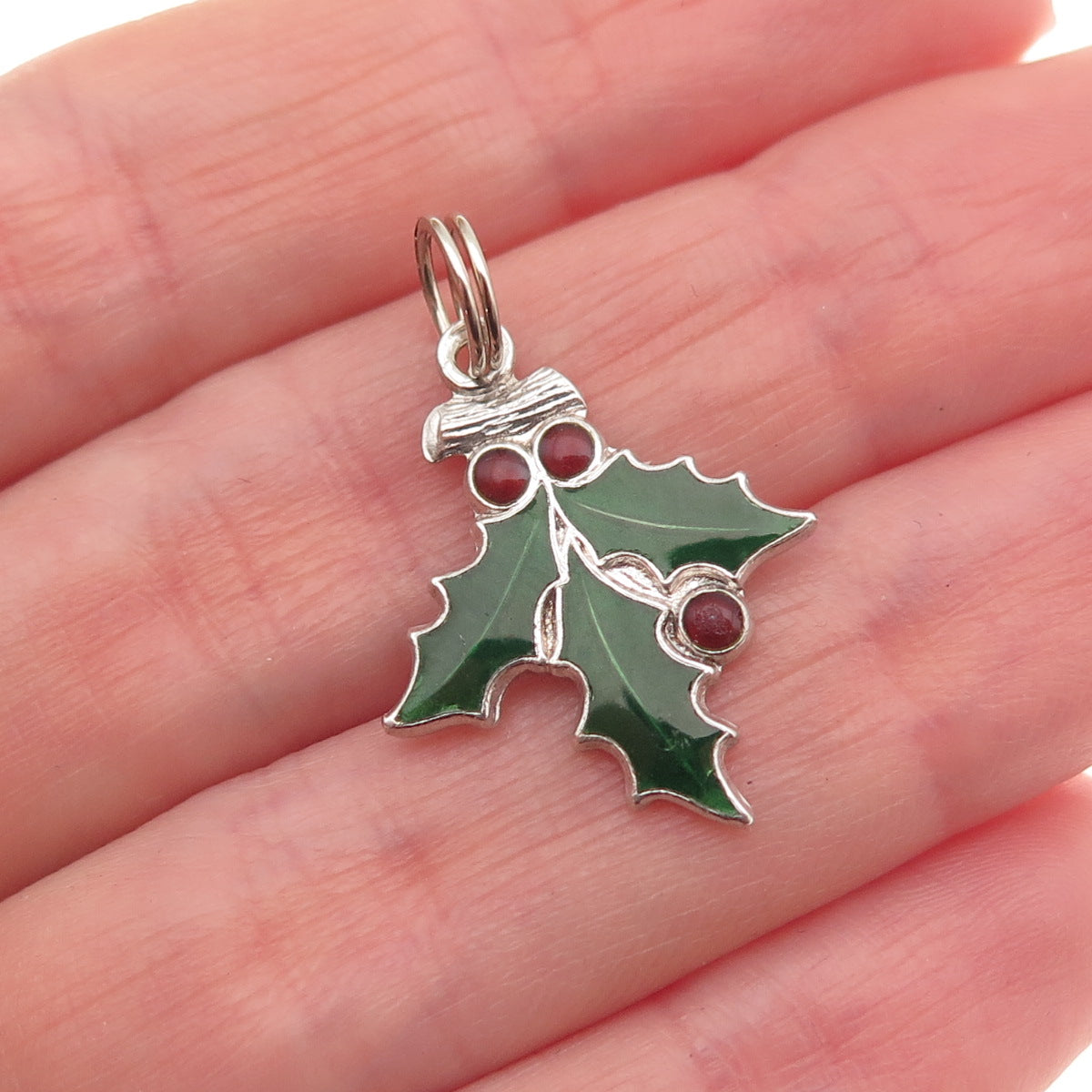 J.M. Fisher 925 Sterling Vintage Enamel Holy & Berries Christmas Mini Pendant