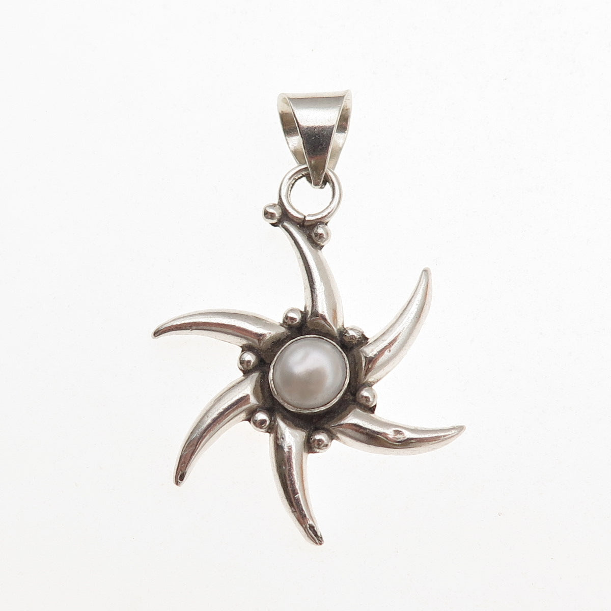 925 Sterling Silver Vintage Real Pearl Sunburst Oxidized Charm Pendant