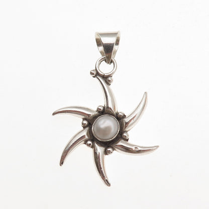 925 Sterling Silver Vintage Real Pearl Sunburst Oxidized Charm Pendant