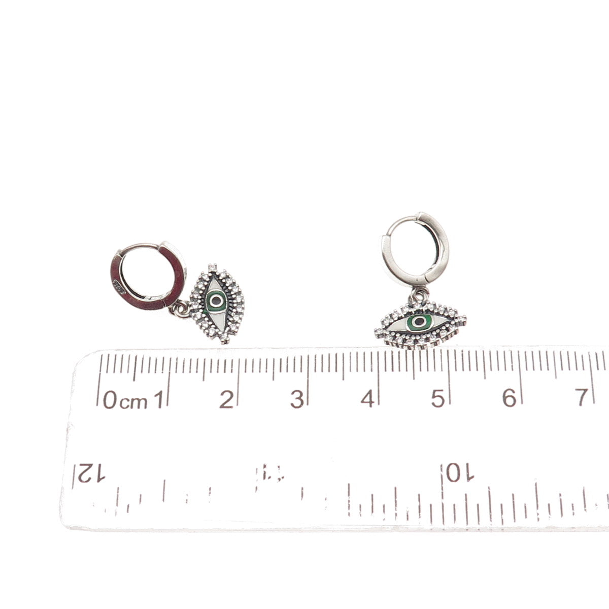 925 Sterling Silver Enamel & C Z Evil's Eye Dangle Charm Hoop Earrings