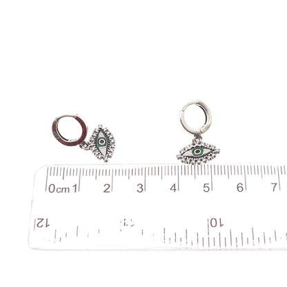 925 Sterling Silver Enamel & C Z Evil's Eye Dangle Charm Hoop Earrings