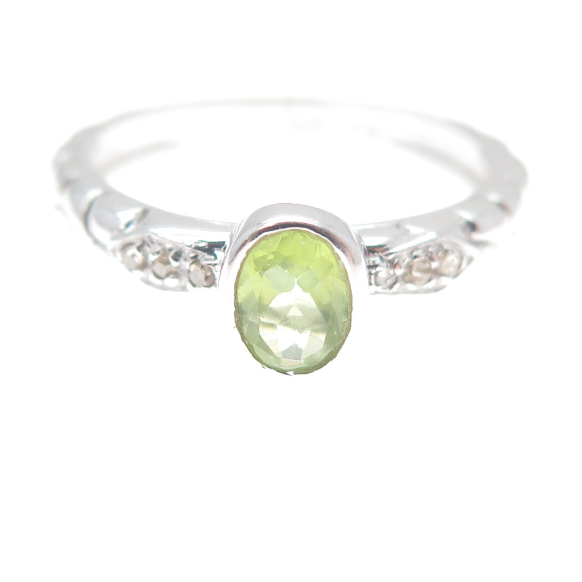 925 Sterling Silver SMK Real Round-Cut Diamond & Peridot Gem Ring Size 6.75