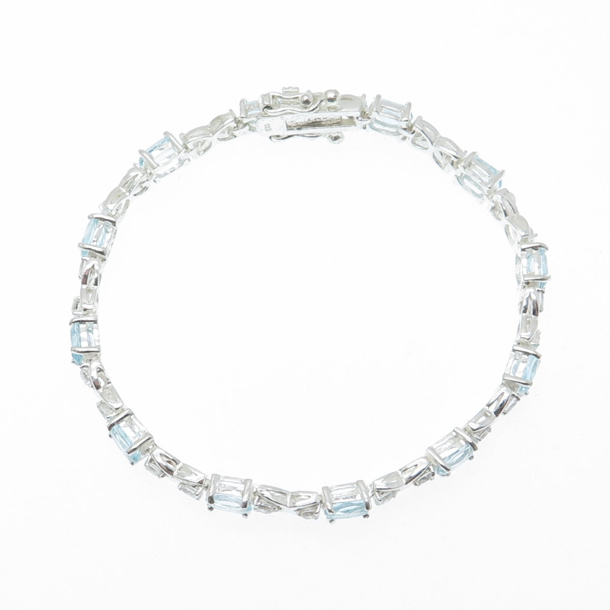 925 Sterling Silver Real Blue Topaz Gemstone & C Z XO Tennis Link Bracelet 6.75"