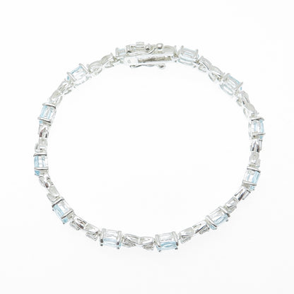 925 Sterling Silver Real Blue Topaz Gemstone & C Z XO Tennis Link Bracelet 6.75"