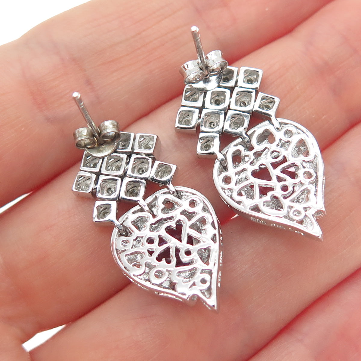 925 Sterling Silver Real Diamond Accent Amethyst & White Topaz Heart Earrings