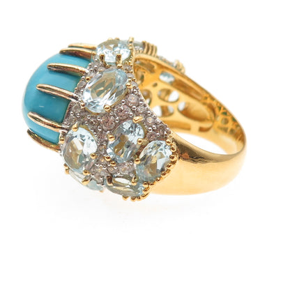 Carol Brodie Sterling Gold Plated Turquoise Blue & White Topaz Ring Size 8.25