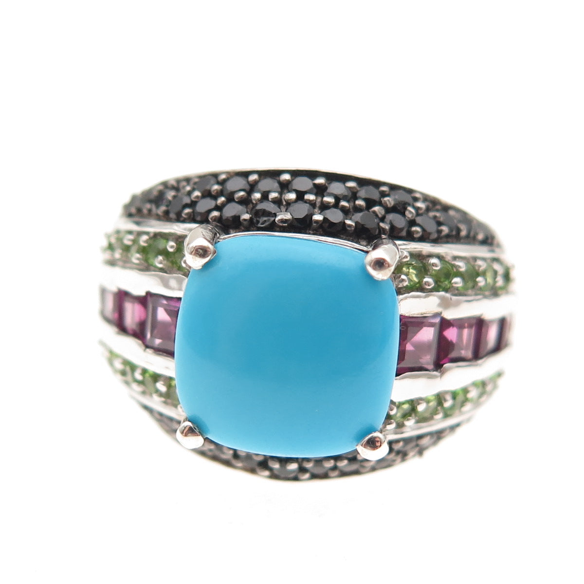 Chuck Clemency 925 Sterling Turquoise Rhodolite Peridot & Spinel Ring Size 8.25