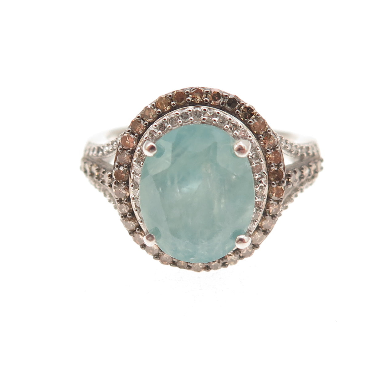 D'Joy 925 Sterling Silver Real Champagne Diamond & Aquamarine Ring Size 8