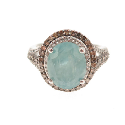 D'Joy 925 Sterling Silver Real Champagne Diamond & Aquamarine Ring Size 8