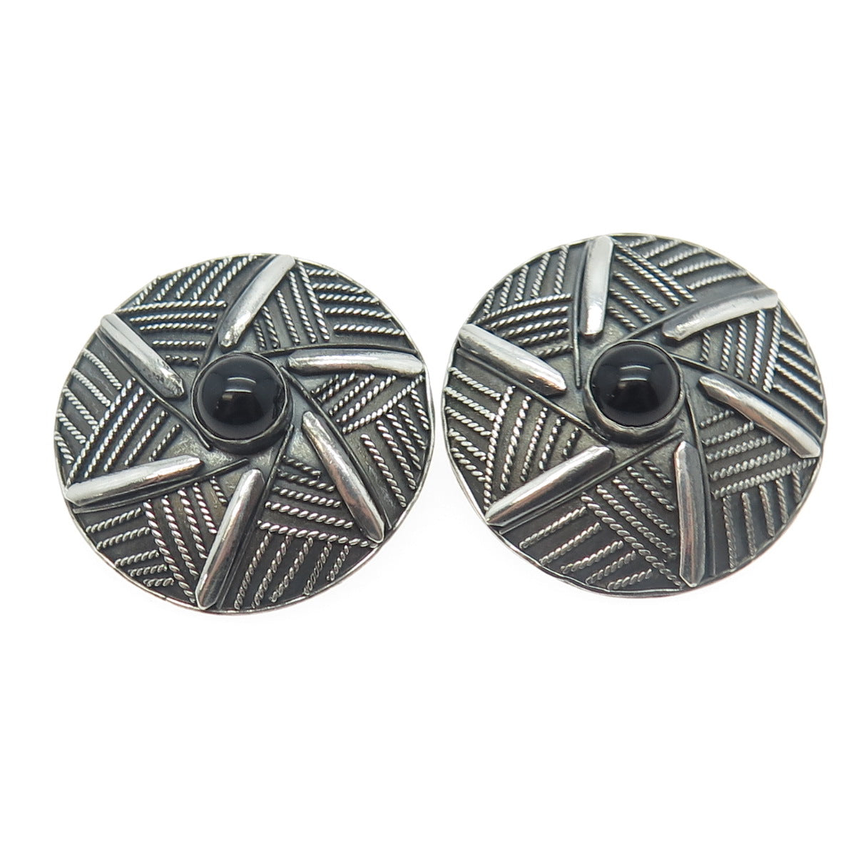 925 Sterling Silver Vintage Real Black Onyx Round Oxidized Clip On Earrings