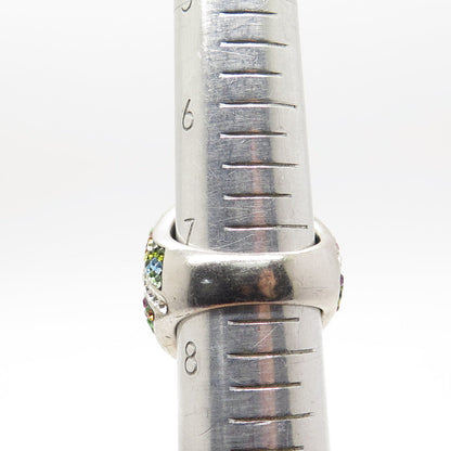 925 Sterling Silver Multi-Color Rhinestone Domed Ring Size 7.75