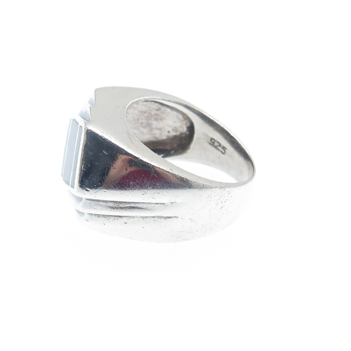 925 Sterling Silver Vintage Real Black Onyx Gemstone Ribbed Ring Size 7.5