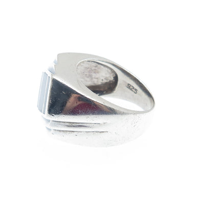 925 Sterling Silver Vintage Real Black Onyx Gemstone Ribbed Ring Size 7.5