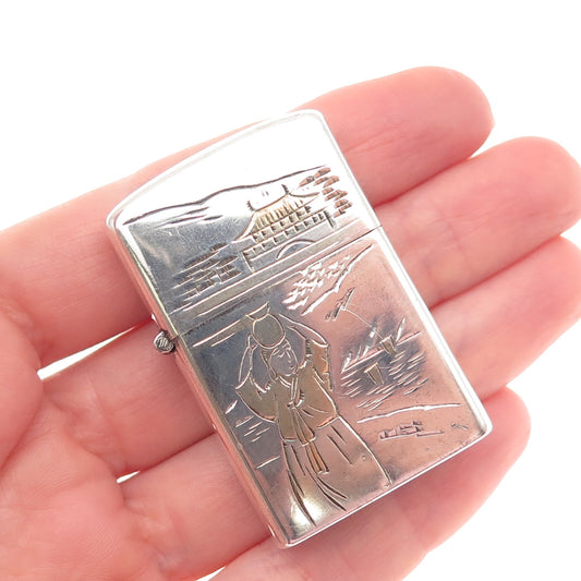 925 Sterling Silver 2-Tone Antique Japan Osan Air Base Zippo Lighter Case