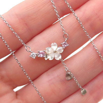 925 Sterling Silver Real MOP & C Z Floral Cable Chain Necklace 16-18"