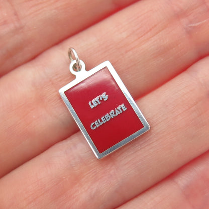 925 Sterling Silver Red Enamel Let's Celebrate Minimalist Charm Pendant